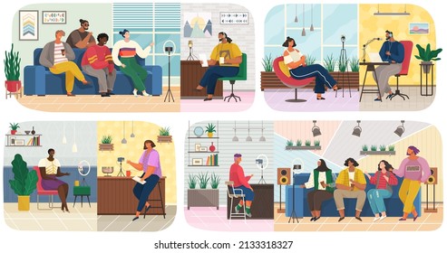 Characters giving interview to journalist. Live report, press conference with guests of radio station. People communicate during podcast. Live communication at interview. Recording audio podcast