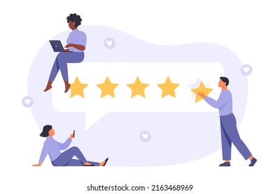 Characters giving positive feedback on smartphone and computer. Customer satisfaction ratings and feedback. Feedback concept. Flat vector illustration.