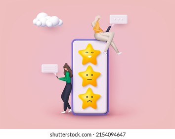 Characters giving Stars Feedback. Vector customer review concepts. Reviews stars with good and bad rate and text. 3D Web Vector Illustrations.