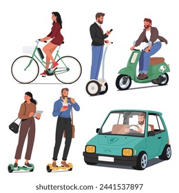 Los Personajes Se Deslizan Sin Esfuerzo En Scooters Eléctricos Y Bicicletas, Abrazando Un Viaje Ecológico Con Alegre Facilidad, Tejiendo A Través De Paisajes Urbanos Con Movimientos Silenciosos Y Rápidos. Ilustración vectorial de personas de dibujos animados