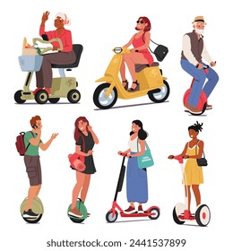 Los Personajes Se Deslizan A Través De Paisajes Urbanos En Scooters Eléctricos Y Bicicletas, Encarnando Los Modernos Desplazamientos Ecológicos, Sus Movimientos Suaves Y Rápidos En Medio Del Bullicio Urbano. Ilustración vectorial de personas de dibujos animados