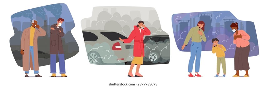 Characters In Gloomy Cityscape Wear Protective Masks, Their Faces Reflecting Sadness Amid Thick Air Pollution. Somber Reminder Of The Environmental Challenges Haunting Urban Life. Vector Illustration