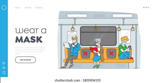 Characters Going by Subway during Covid Landing Page Template. Passengers in Masks Sit on Distance in Metro. Tourists and Citizens Inside Underpass Transportation. Linear People Vector Illustration