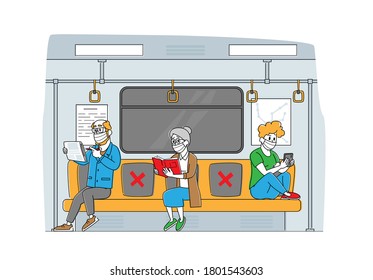 Characters Going by Subway Train during Covid Pandemic. Passengers in Masks Sit on Distance in Metro. Tourists and Native Citizens Inside Underpass Transportation. Linear People Vector Illustration