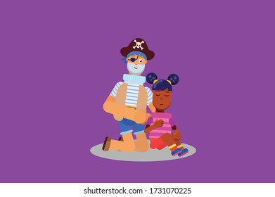 Characters Of A Good Pirate And A Sad Kid. Halloween Theme. Simple Character Vector Illustration, This Illustration Can Use As A Sticker Also.