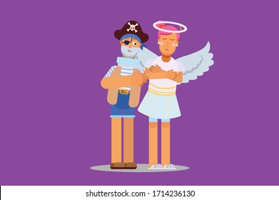 Characters of a good pirate soothing a girl with an angel suit. Halloween theme. Simple character vector illustration, this illustration can use as a sticker also.