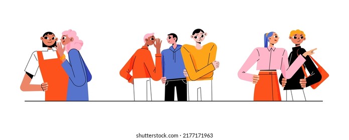 Characters Gossips, Whisper, Happy And Unhappy People Gossiping, Whispering In Ear, Slandering, Spreading Secrets, Rumors, Confidential Information And News To Friend Line Art Flat Vector Illustration