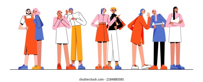 Characters Gossips, Whisper, Happy And Unhappy People Gossiping, Whispering In Ear, Slandering, Spreading Secrets, Rumors, Confidential Information And News To Friend Line Art Flat Vector Illustration