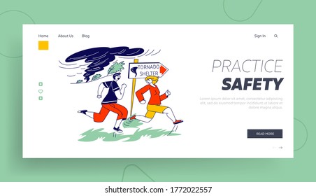 Characters Got into Tornado Windbreak Landing Page Template. People Escape Nature Destruction Power Running to Shelter for Saving Life at Dangerous Weather, Twister Wind. Linear Vector Illustration