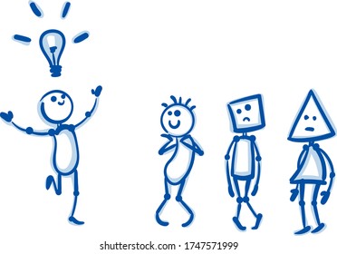 Characters Graphics design. Vector illustration. Idea concept. Character has an idea, the other are jealous and sad. 