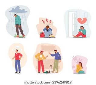 Characters Grappling With Mental Health Challenges Face A Complex Journey, Navigating Inner Struggles. People Suffering from Broken Heart, Anger, Quarrels or Depression. Cartoon Vector Illustration