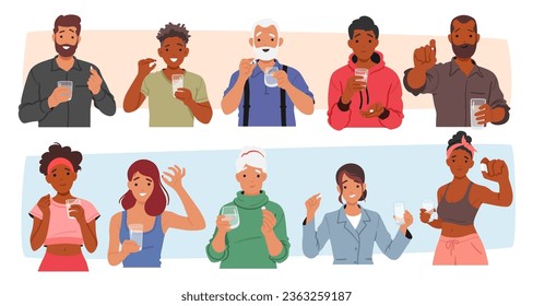Characters Grasping Pills, Expressions Reflecting Hope Or Concern. Concept Of Health, Treatment, And Complex Relationship Humans Have With Pharmaceutical Solutions. Cartoon People Vector Illustration