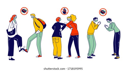 Characters Greeting Each Other With Feet and Elbows Instead of Handshake. Friends or Colleagues Alternative Non-contact Greet During Coronavirus Epidemic, Safety. Linear People Vector Illustration