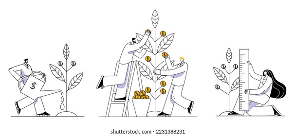 The characters grow a money tree. A set of images on the topic of investing.