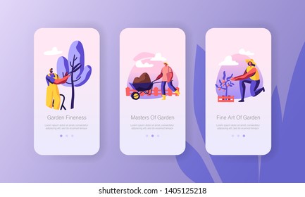 Characters Growing, Planting, Caring of Trees in Garden Concept for Website or Web Page, Gardening People Carry Soil, Cut Branches. Mobile App Page Onboard Screen Set Cartoon Flat Vector Illustration