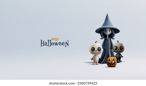 Characters for Halloween, 3D. It's a set of scary, funny fictional characters, a doll, a witch, and a pumpkin. Banner for advertising. Print on T-shirts. Vector illustration.