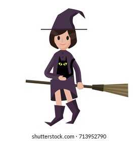 a characters for Halloween. Costumes witch holding a black cat. Isolated vector illustration of a flat design.