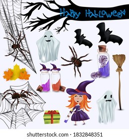 Characters halloween, little witch, ghost, spider, leaf, cobweb, bats realistic broomstick. Concept Happy halloween. 3D vector icon