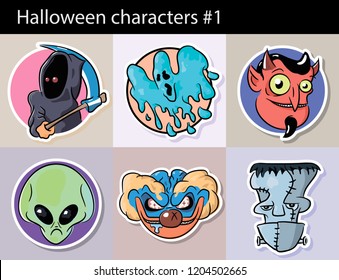 Characters Halloween Set 1. Vector sketch drawing. Grim Reaper, ghost, devil,  alien, evil clown, wired monster.
