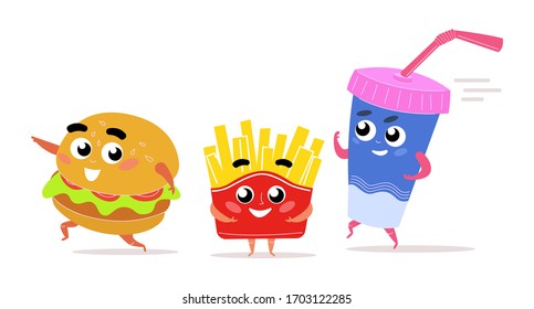 Characters hamburger, French fries, cocktail cup. Vector. Logos for fast food. Funny illustration of food delivery. Running takeaway cartoon food. vector illustration