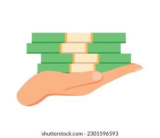 Character's hand with dolarama in hand, dolar notes in lodon, white background, concept of taking money and repaying debt, stack of money, flat style vector illustration