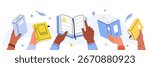 Characters hands holding closed and opened paper books. Literature, library, books exchange and bookcrossing concept. Vector illustration.
