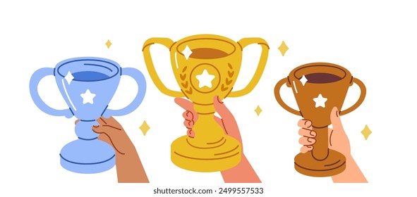 Characters hands holding gold, silver and bronze award winning cup. Trophies for winners. Championship and success concept. Vector illustration.