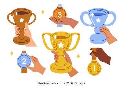 Characters hands holding gold, silver and bronze award winning cup and prize medals. Trophies for winners set. Championship and success concept. Vector illustration.