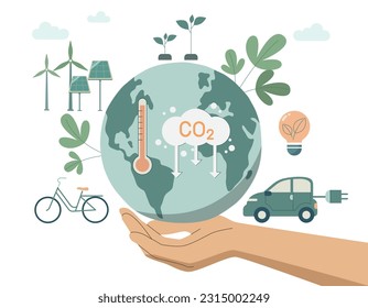 Characters hands holding planet earth, Developing sustainable CO2 concepts, using clean energy, sustainable environmental management.
 Climate change problem concept. Vector design illustration.