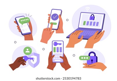 Characters hands holding smartphone, laptop and typing two factor authentication code, pin to verify their id and security access. Vector illustration.