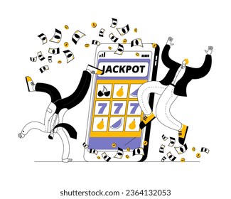 The characters happily jump next to the phone on which the jackpot has fallen out. A smartphone with a gambling game on the screen. Vector illustration on the topic of winning from online gambling.