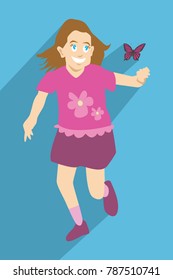 Characters Happy Children Vector Illustration. Girls Ran After The Butterflies