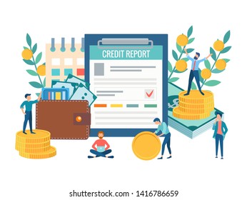 The Characters Are Harvested In Purse Received As A Loan Money, Proof Of A Loan, Credit Report Concept Vector Illustration.