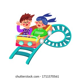 Characters Have Fun Riding Rollercoaster Vector. Boy And Girl Having Happy Laughing And Enjoying Funny Time On Rollercoaster In Amusement Park. Playful Entertainment Flat Cartoon Illustration