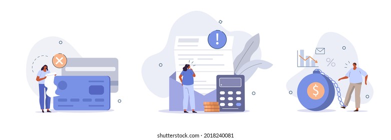 Characters having financial problems, debts and loans. People holding long bill, reading letter from collection agency and carrying debt. Flat cartoon vector illustration and icons set.
