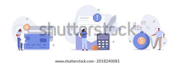 Characters\
having financial problems, debts and loans. People holding long\
bill, reading letter from collection agency and carrying debt. Flat\
cartoon vector illustration and icons\
set.
