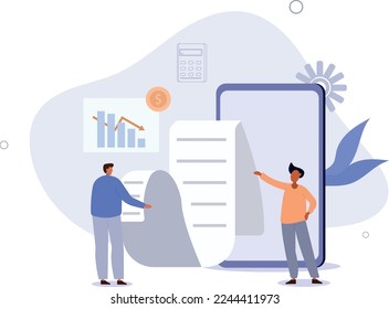 Characters having financial problems. People calculating long bill.