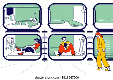 Characters Having Rest in Capsule Hotel. People Sleeping, Relax and Have Recreation in Compact Room with Television and Sleepbox, Economy Accommodation for Travelers. Linear Vector Illustration