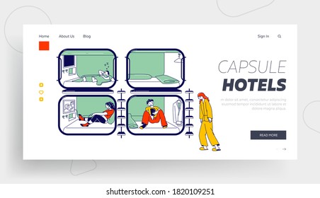 Characters Having Rest in Capsule Hotel Landing Page Template. People Sleeping, Relax in Compact Room with Television and Sleepbox, Economy Accommodation for Travelers. Linear Vector Illustration