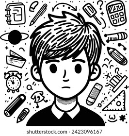 A boy’s characters head surrounded by icons of books, pencils, rulers, and more, illustrating a burst of creativity, ideas, and imagination.
