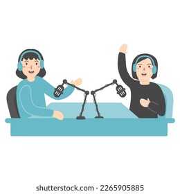 characters with headphones and mic recording audio podcast