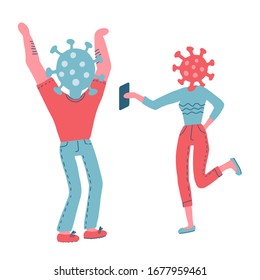 Characters with heads in the form of a coronavirus bacterium. Concept of panic spread in the media. COVID-19 outbreak. Man and woman worried about sick news. Flat vector illustration.