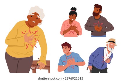 Characters with Heart Attack. Frantic Faces, Clutching Chests, Gasping For Breath, Urgent Signs Of Anxiety, Reminder Of Mortality. People Seek Immediate Medical Aid. Cartoon Vector Illustration