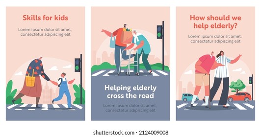 Characters Help to Cross Road for Elderly People Cartoon Banners . Man, Woman and Little Boy City Dwellers Support Senior Pedestrian on Street with Traffic Jam, Old People Care. Vector Posters