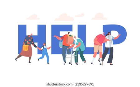 Characters Help To Cross Road For Elderly People Concept. City Dwellers Man, Woman And Kid Support Senior Pedestrian On Street Old People Care Poster, Banner Or Flyer. Cartoon Vector Illustration