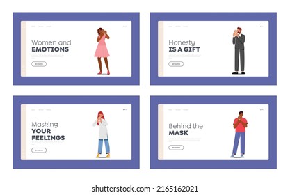 Characters Hiding Faces Behind Social Masks Landing Page Template Set. With Fake Positive Emotions. Sad Men and Women Disguising Real Emotions and Feelings. Cartoon People Vector Illustration