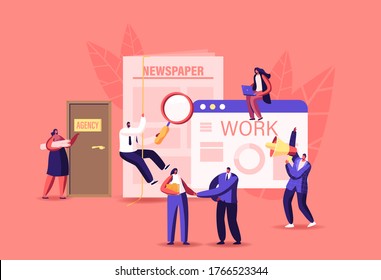 Characters Hiring Job in Newspaper Ads and Online. Work Interview in Office with Applicants, Cv Documents. Hr Agent with Loudspeaker Announcement for Candidates. Cartoon People Vector Illustration