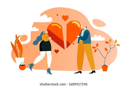 Characters hold heart halves. Enamored people connect. Man and woman love each other. Greeting card isolated on white background. Red, orange and blue colored vector illustration EPS 10