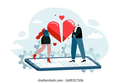 Characters hold heart halves staying at smartphone. Enamored people connect with online service. Man and woman love. Red and blue colored vector illustration EPS 10 isolated on white background