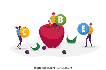 Characters Hold Huge Vitamin Balls around of Ripe Apple. Vitamins in Fruits Eco Products, Healthy Lifestyle and Organic Food Choice as Source of Energy and Health. Cartoon People Vector Illustration
